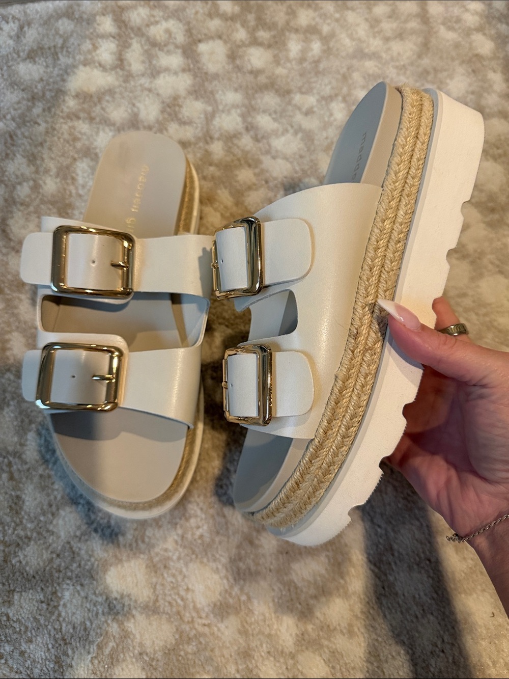 Madden Girl Cream Double Buckle Platform Espadrille Mules